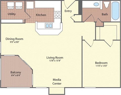 Floor plan for 1 bed, 1 bath, 781 sqft